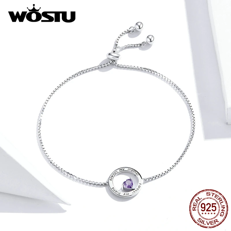 WOSTU 925 пробы серебряный браслет &quotвсегда моя мама&quot фиолетовый CZ круглая