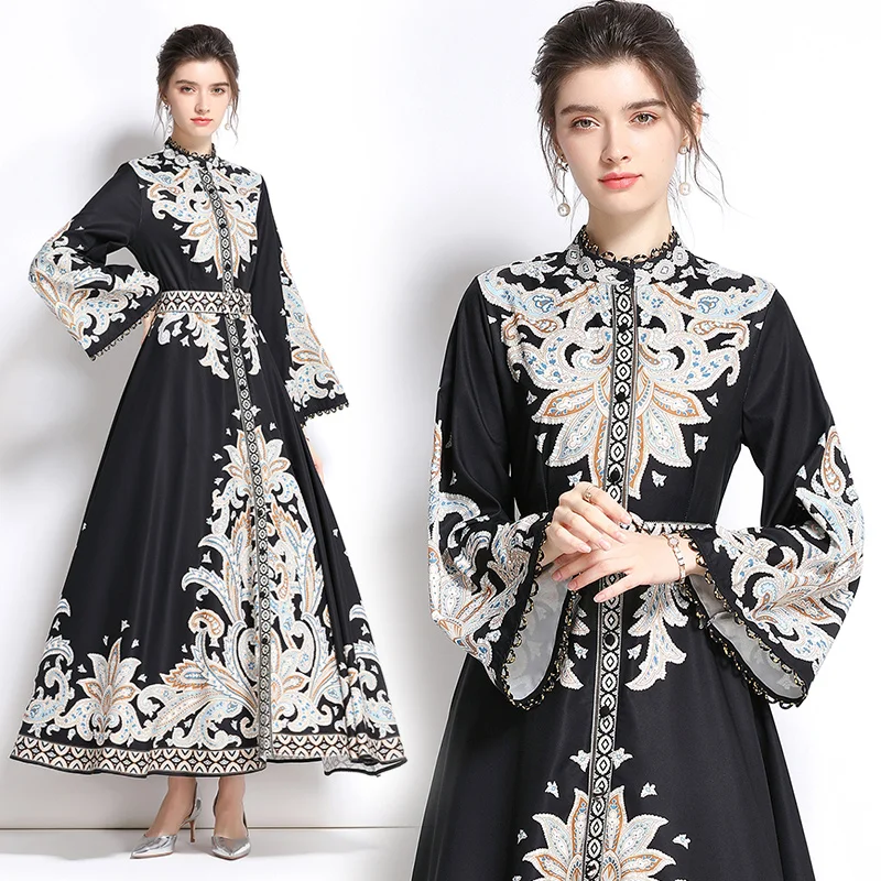 

the spot positioning printed long sleeve wrapped in horn sleeve v-neck temperament show thin waist connect dress