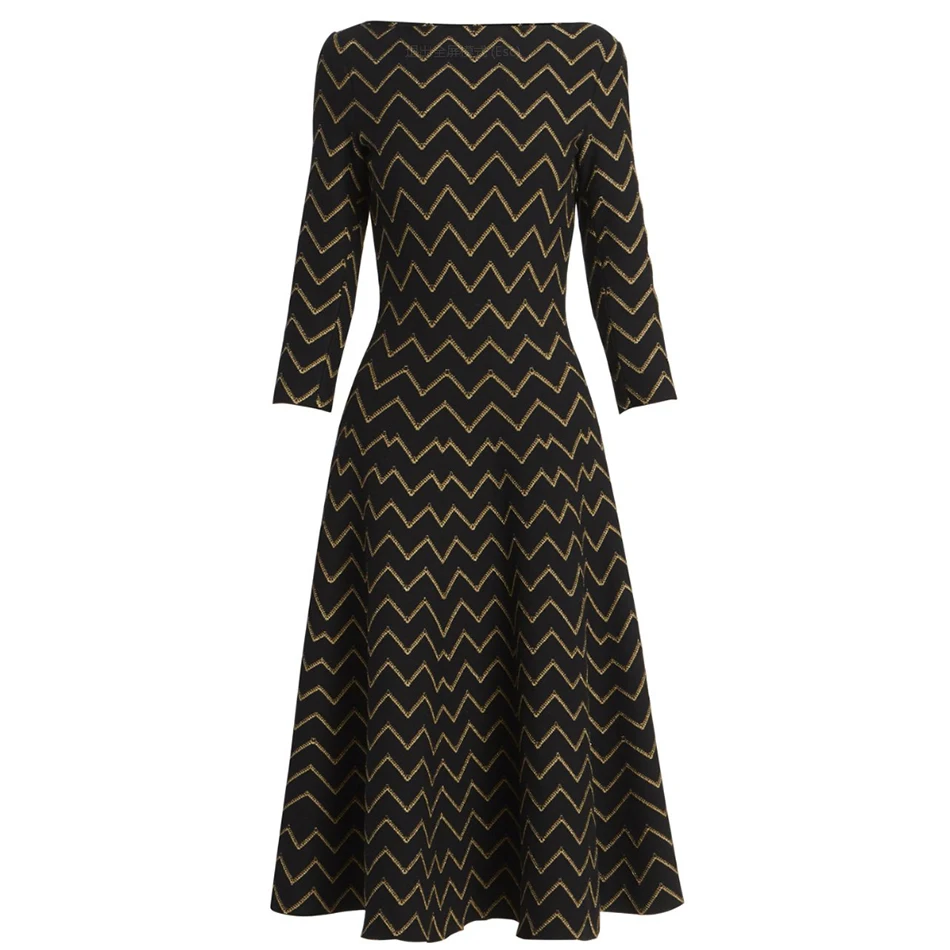 

Ailigou 2021 New Top Jacquard Black Long Sleeve Curve Stripe A Line Midi Rayon Bandage Dress Feminine Party Dress Wholesale