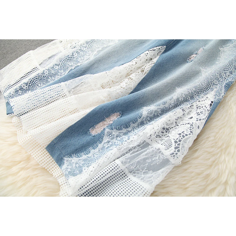 

QUALITY Newest TOP 2021 Stylish Runway Suit Set Women's V-Neck Short Sleeve Lace Blouse Shirt + Lace Patchwork Denim skirt Set