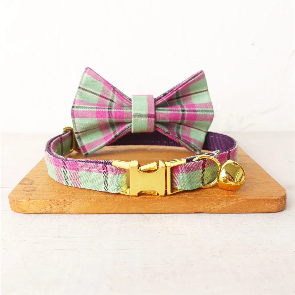 Colorful Tartan Cat Collar Personalized Name Adjustable Designer for Cats Mini Metal Buckle Bow Tie with Bell | Дом и сад