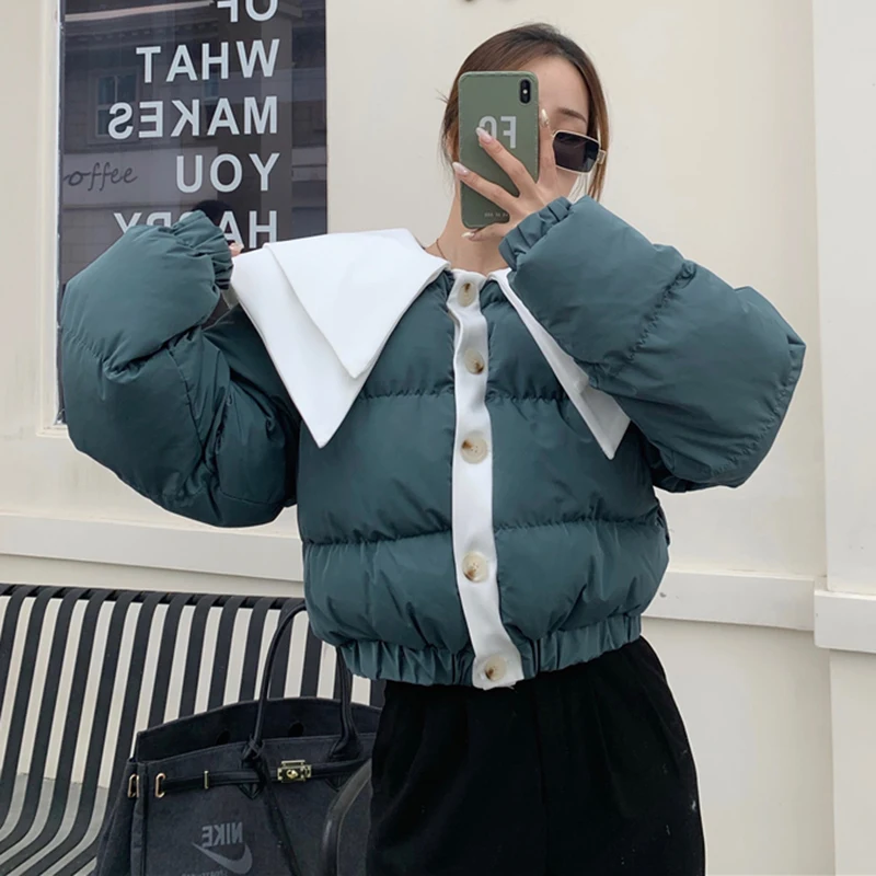 PERHAPS U Women Causal Double-Layer Doll Collar Color Spliced Single Breasted Loose Short Padded Down Jacket Outwear Coat C3026