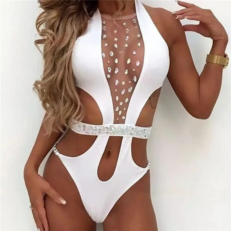 

2020 Summer Diamonds Bikini Sexy Women Ladies One-piece Swimsuit Crystal Mesh Patchwork Monokini Female Solid Swimwear
