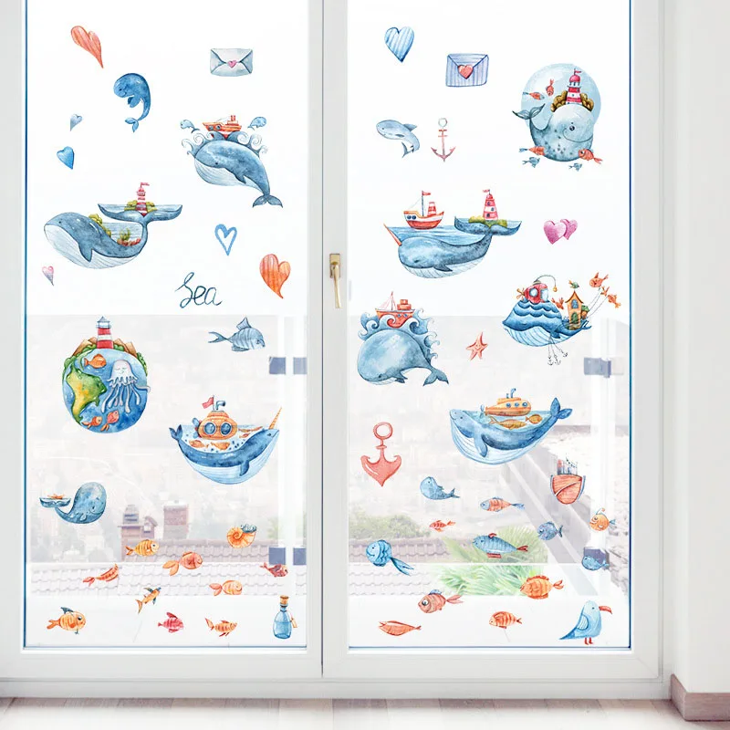 

New product cute Cartoon whale bathroom tile glass door window background decoration electrostatic film