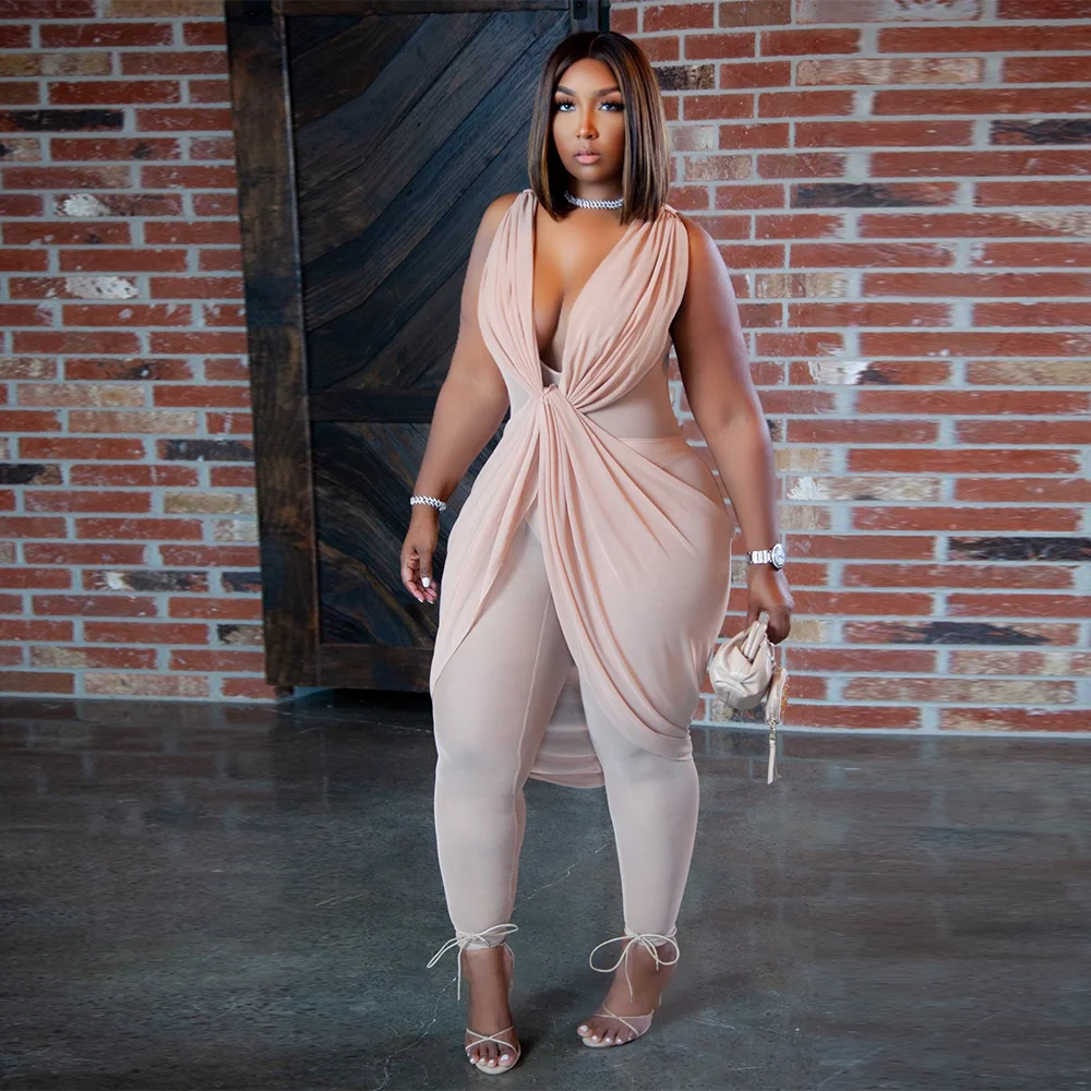 

Элегантные Комбинезоны черного и абрикосового цвета, Женский Осенний комбинезон с глубоким V-образным вырезом, без рукавов, Драпированный к...