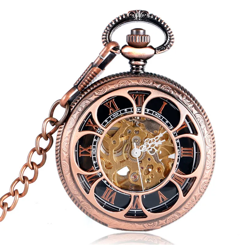 

Red Copper Hollow Out Pumpkin Mens Womens Auto Mechanical Pocket Watches Roman Number Dial Pendant Chain Skeleton Clock Gift