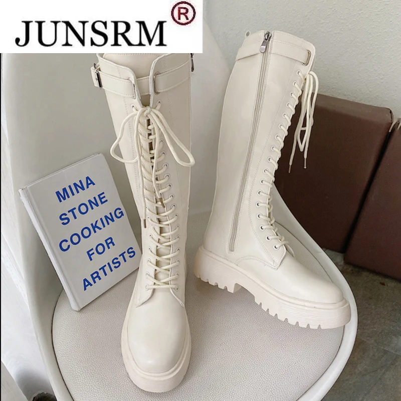 

Women Knee High Boots 2022 hicken Winter Square Heel Lace Up Platform Shoes Woman Knight Long Boots Black White Botas De Mujer
