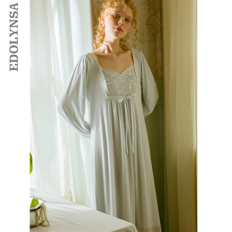 Женская ночная рубашка с длинным рукавом винтажная кружевная T500 2020|Ночные