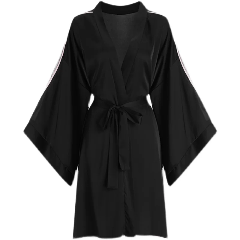 

Sexy Solid Silk Pajamas for Women Thin Satin Lace Bathrobe Loose Split Hem Nightgown 2021 Spring and Summer New 2 Colors