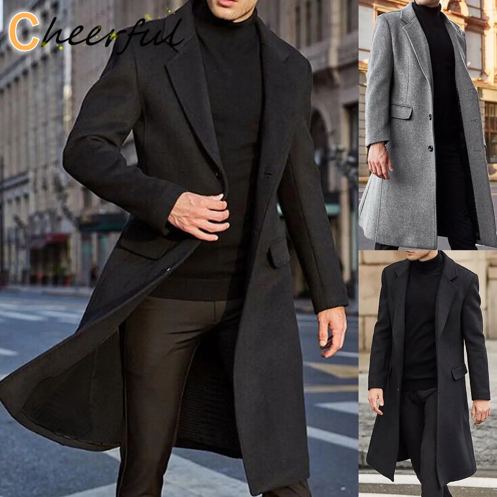 

Зимние мужские пальто S-3XL, шерстяные однотонные куртки с длинным рукавом, мужские флисовые пальто, уличная мода, длинный Тренч, верхняя одеж...