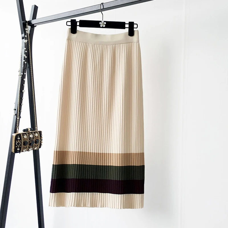 TIGENA Striped Knitted Cotton Skirt Women Fashion 2019 Fall Winter Korean Split High Waist Pleated Midi Long Female |