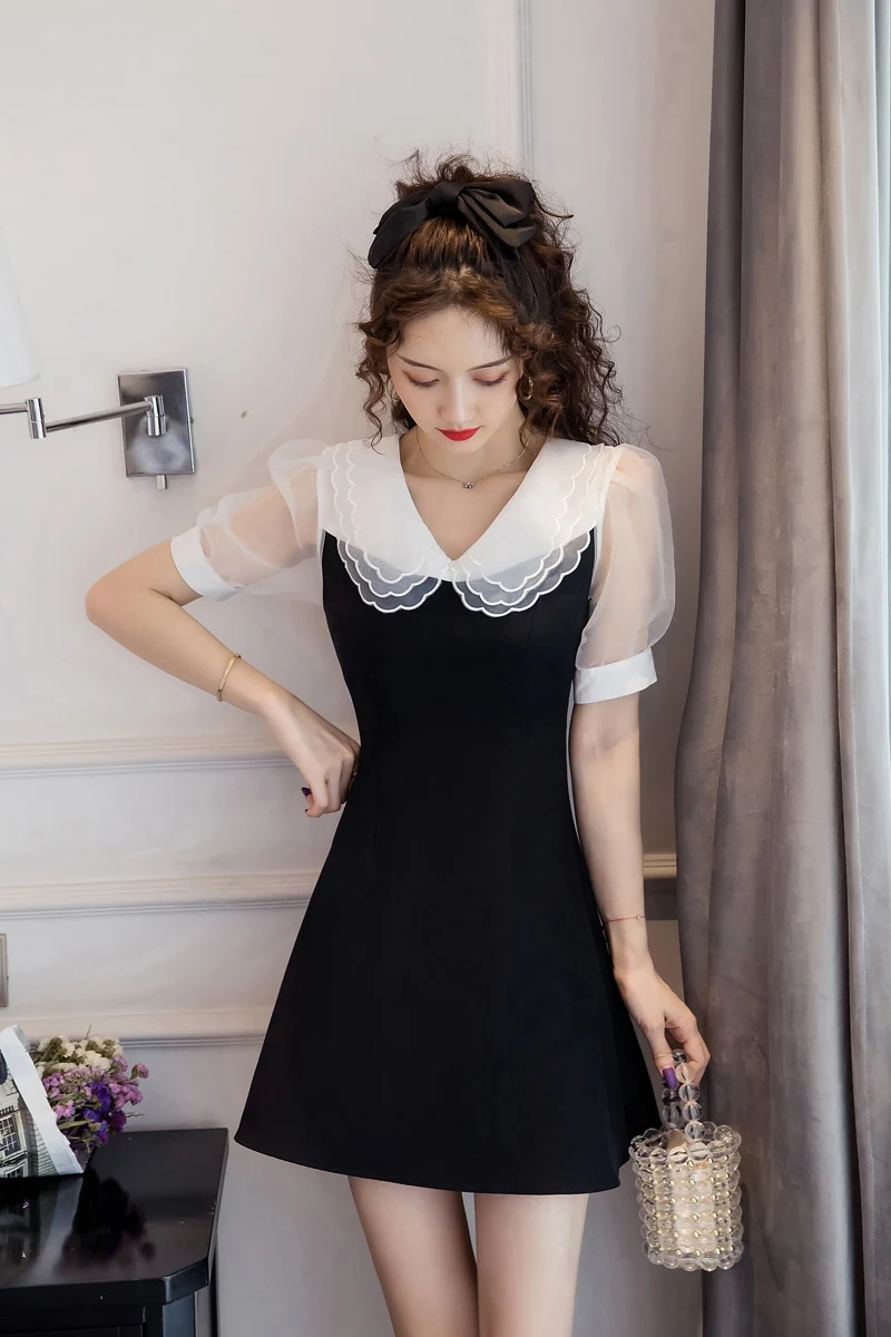 

COIGARSAM Fashion Women one-piece dress korean Summer Peter pan Collar Dresses Black 2547