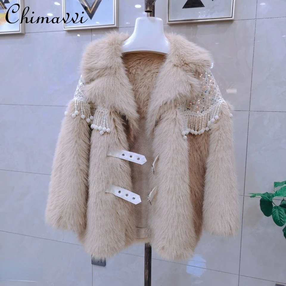 

2021 Winter New Female Ins Simple Tassel Patchwork Wool Outerwear&Coat Women's Fashion Streetwear Solid Color Lamb Wool Jacket