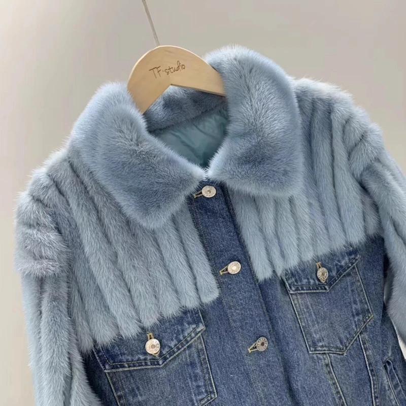 

Hot SellersMink Women Coats 2020 Winter Fashion Natural Real Mink Fur Duck Down Inner Jacket Female Outerwear Denim Warm