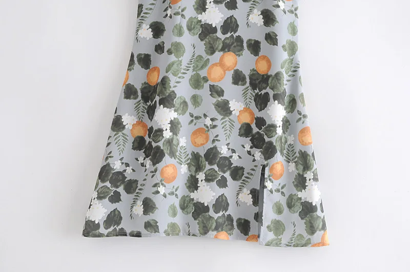 

Summer V-neck Lemon Leaf Print Spaghetti Strap Dress Women 2021 New Hem Split Mini Beach Short Dress