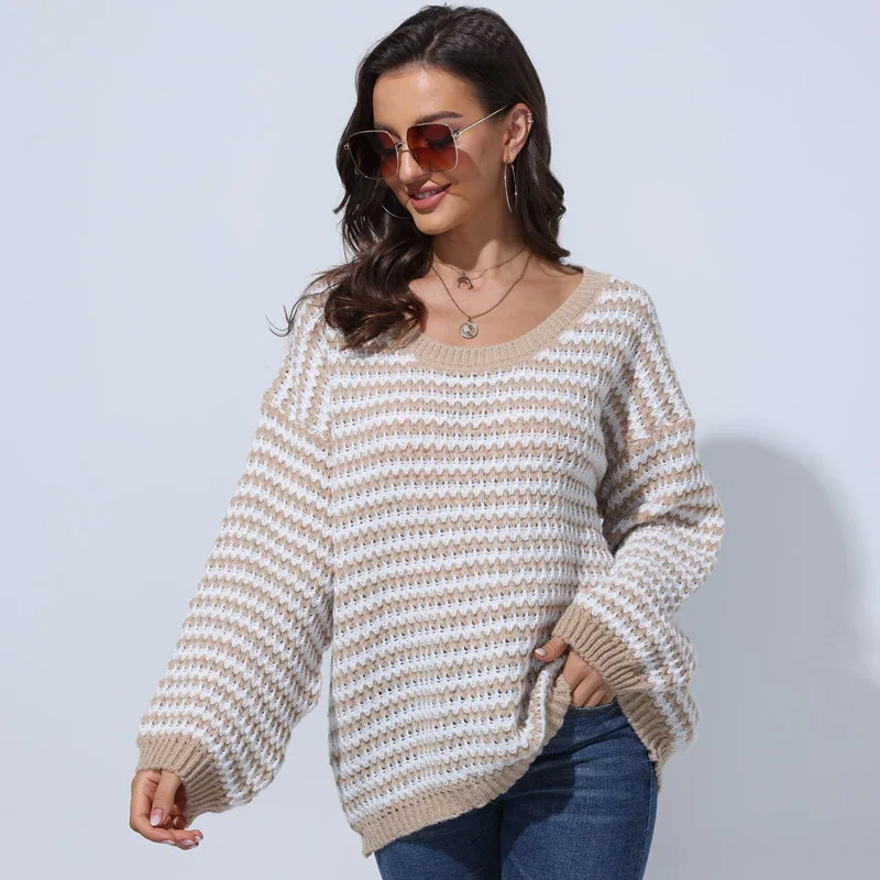 

Women Geometric Knitted Sweater Loose Casual Strip lady Pullover Sweater O Neck Female Autumn Winter Retro Jumper Oversized