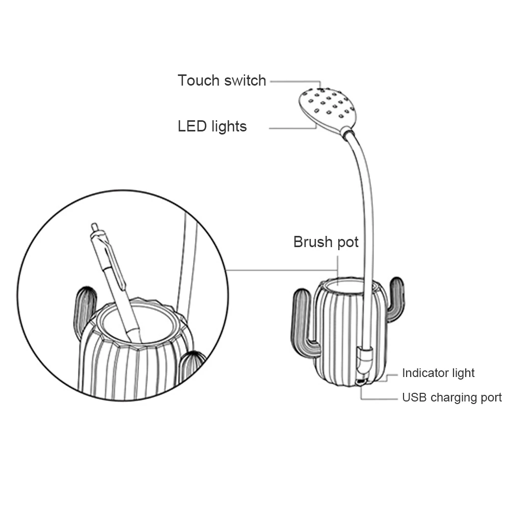 

Desk Lamp LED Table Eye Protection Desk NightLight Multiuse Cactus Shape Reading Charging Touch Switch Pen Holder Storage Holder