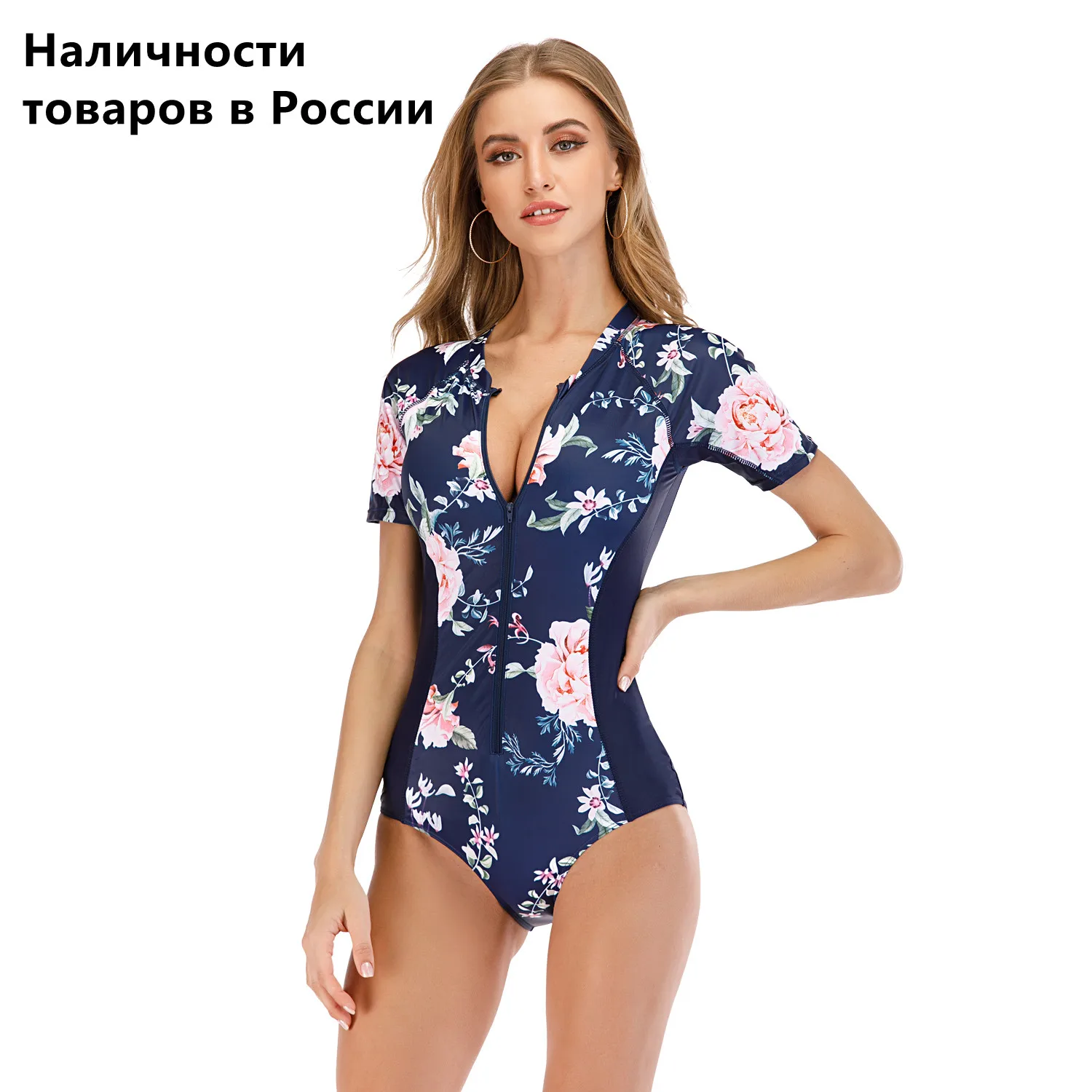 Цельный купальник с цветочным принтом и коротким рукавом|Комбинезоны| |