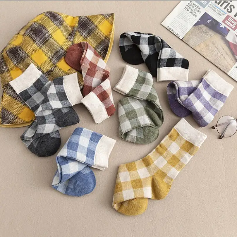 Girls Plaid Print Cotton Crew Socks White Cuff Women Soft Checks Prints Warm Winter Socks Ankle Socks Short Socks 7 pairs/lot