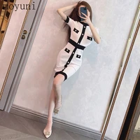 summer elegant lady of note contrast color stand up collar single breasted midi dress hip knitwear womens dress elegant unique