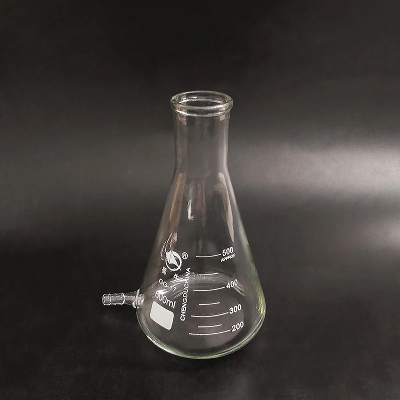 Filtering flask with Lower tube,Capacity 500ml,Triangle flask with tubules,Lower tube conical flask,With tick marks