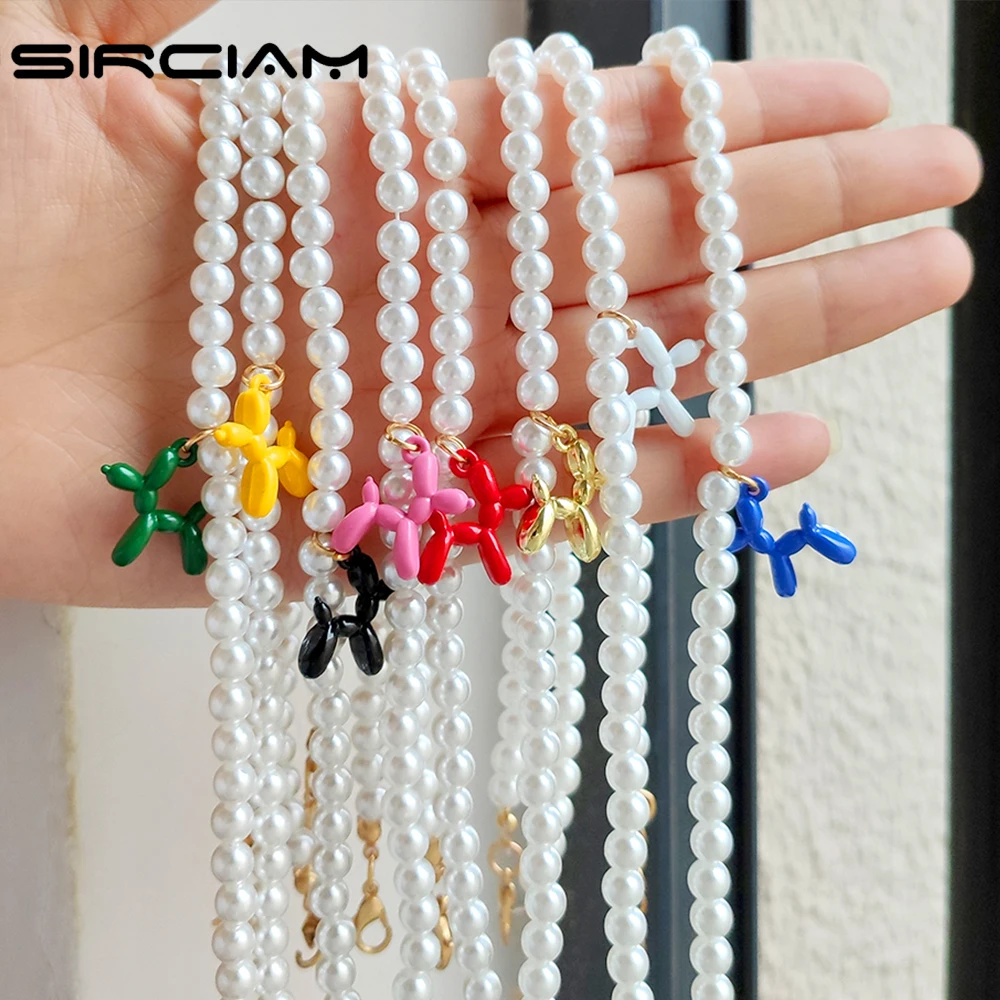 

Rainbow Balloon Dog Puppy Pearl Beaded Necklace For Women Handmade Imitation Pearl Bead Choker Christmas Party Jewelry Wholesale