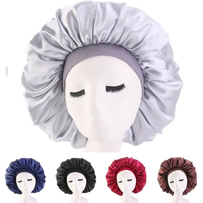 

Mode Vrouwen Satijn Nachtrust Cap Haar Motorkap Hoed Zijde Head Cover Brede Elastische Band 1Pcs
