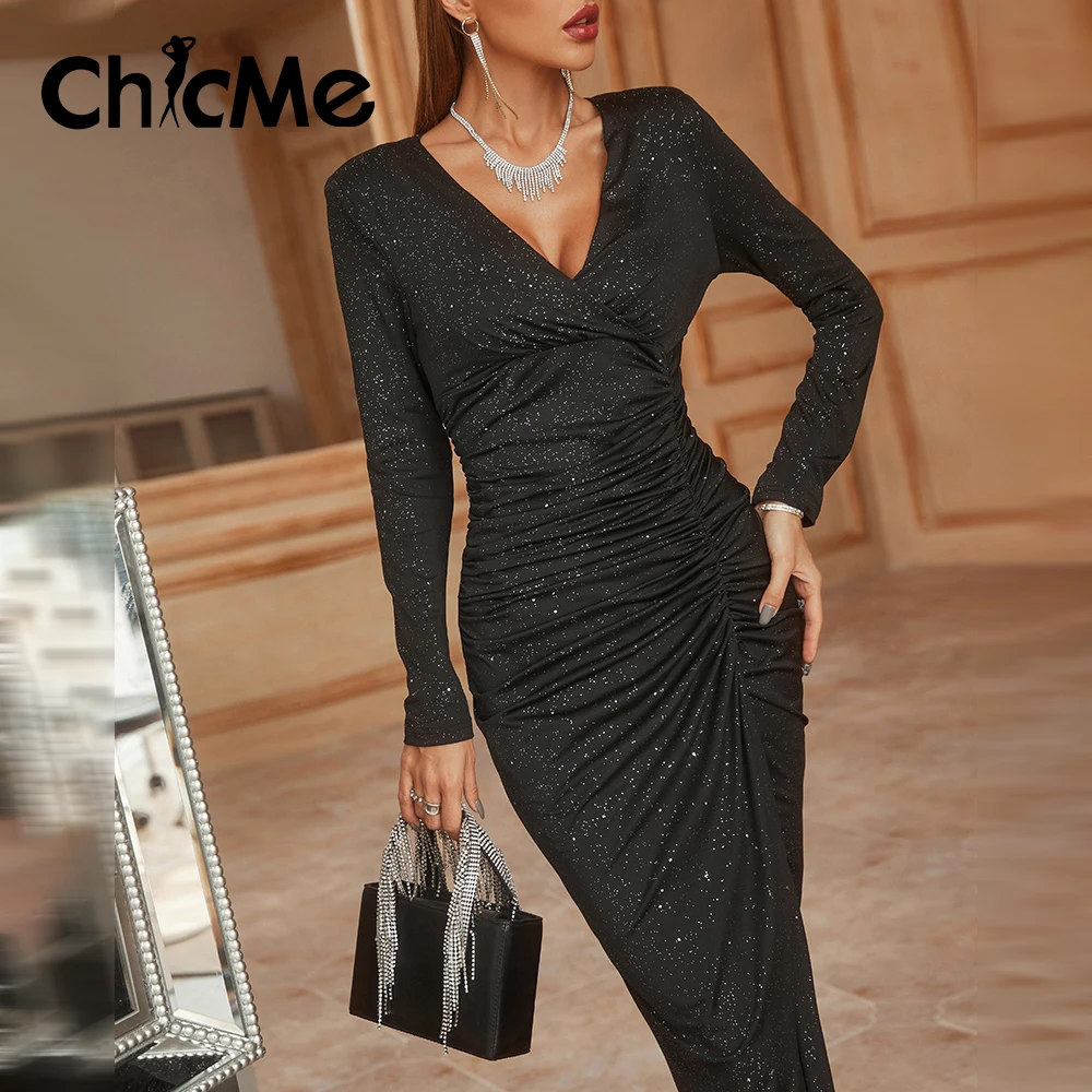 

Chicme Women Glitter V-Neck Padded Shoulder High Slit Ruched Party Dress Black Long Sleeve Maxi Elegant Dress Robe Longue Femme