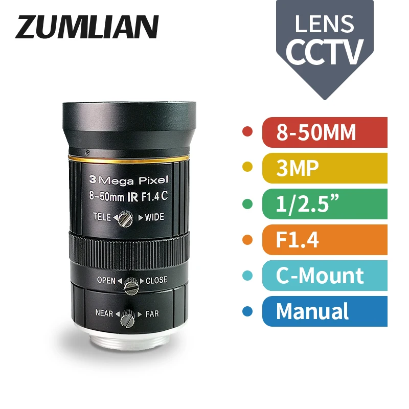 Varifocal FA Lens 3MP C-Mount 8-50mm 1/2.5" F1.4 Manual Focus Zoom CCTV Lens for Machine Vision Industrial Camera Lenses OEM/ODM