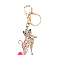 cat high heel keychains stone shoe keyring cute women handbag key holder girl bag pendant jewelry christmas party