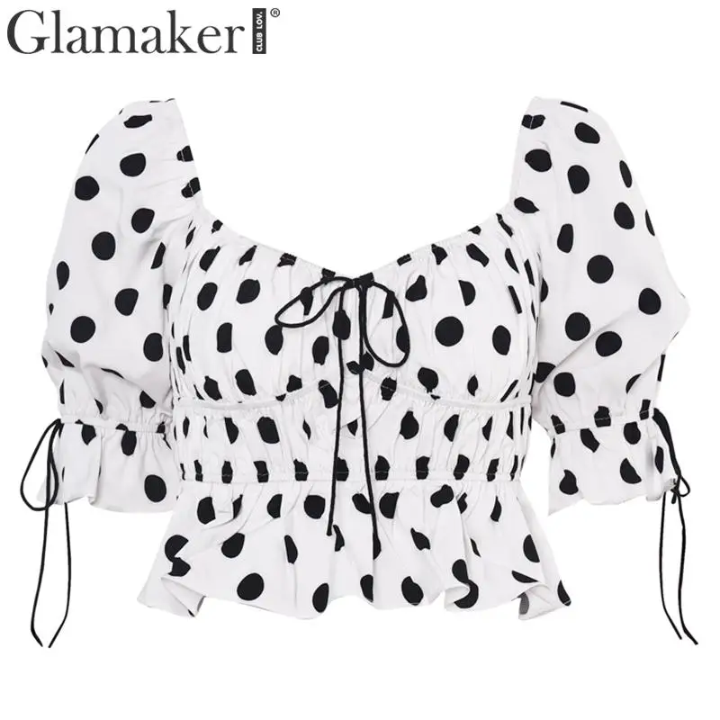 Glamaker, блузка в горошек с оборками, рубашка, Женская Осенняя блузка на шнуровке, укороченный топ, новинка, топ с пышными рукавами и квадратным воротником, зимний