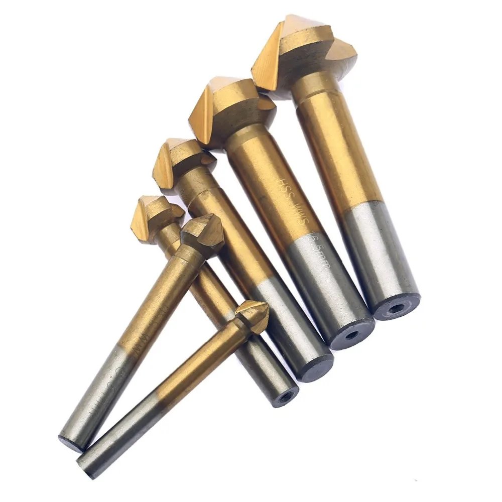 

6pcs/Set 3 Flute HSS Hard Metals Titanium Three Edge Chamfer Chamfering End Mill Cutter Bit Drill Bit Countersink Set wholesale