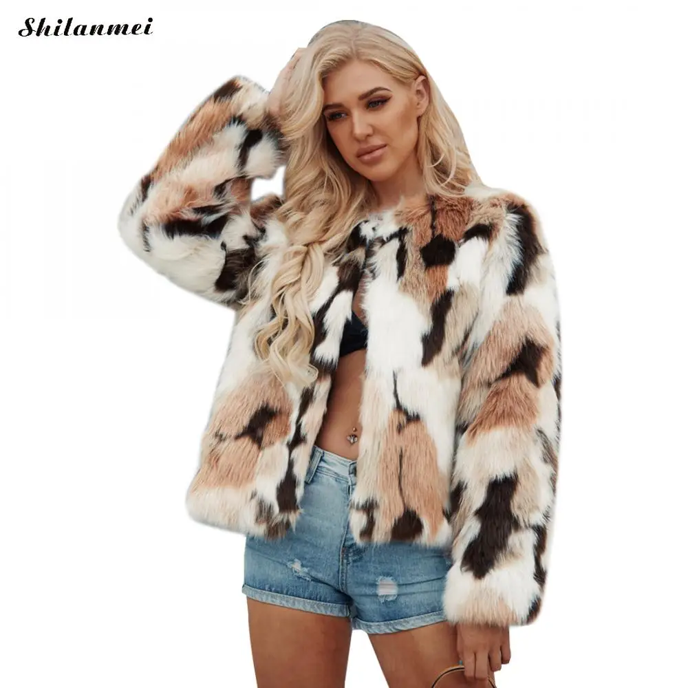 

Plus Size Faxu Fur Jacket Women Cropped Fur Coat Geometric Printed Coffee Women Coat Fluffy Fur Overcoat Fashion Fur Jacket 3XL