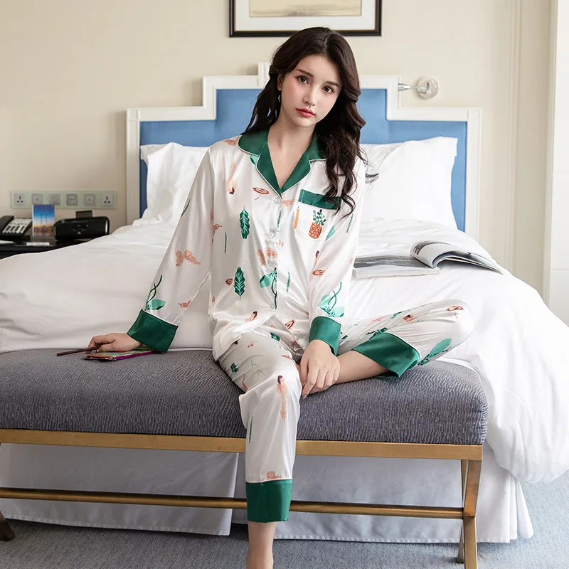

New Spring Pajama Long Sleeve Thin Pyjamas Women Korean Personalized Home Clothing Simulation Silk Two Sets Printed Pijama Mujer