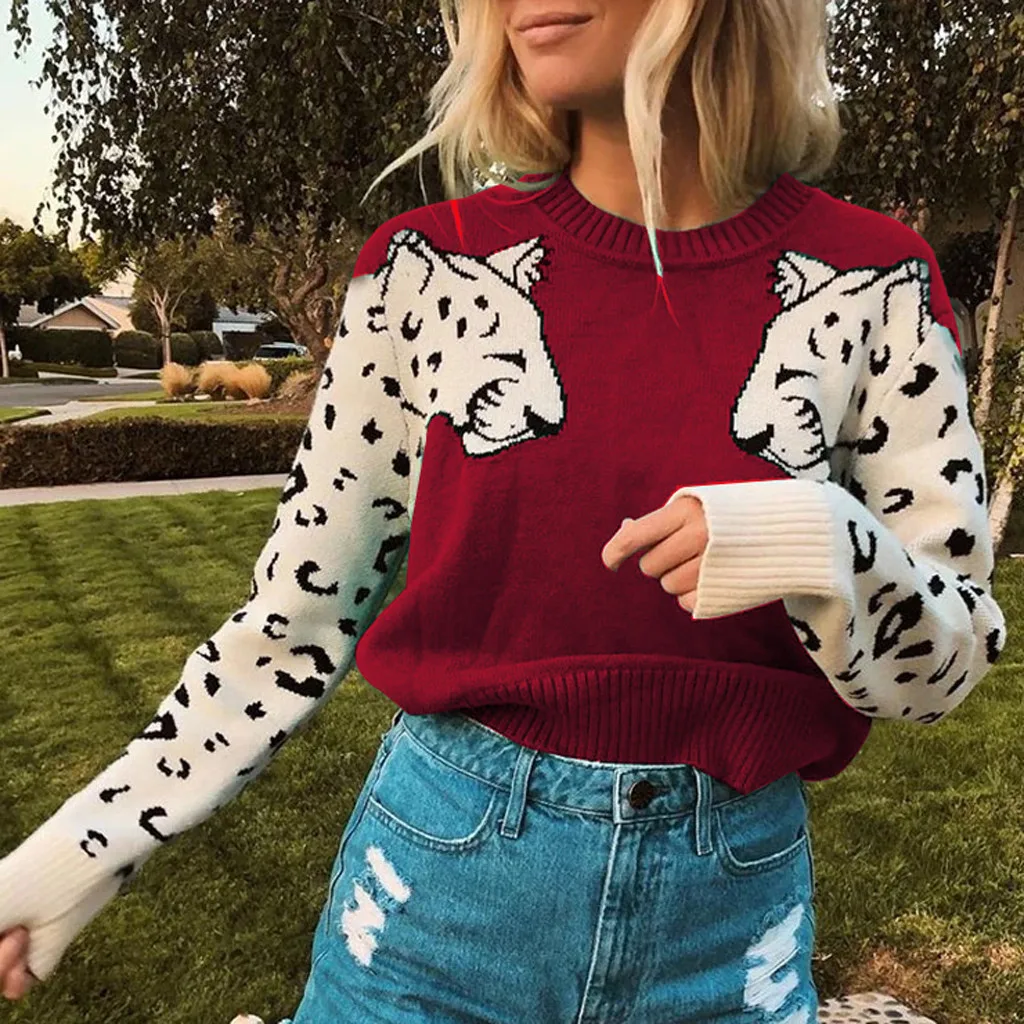 Fashion Women Sweater Animal Print Patchwork O-Neck Long Sleeve Pullover Loose Female Winter Warm Blouse M840# | Женская одежда