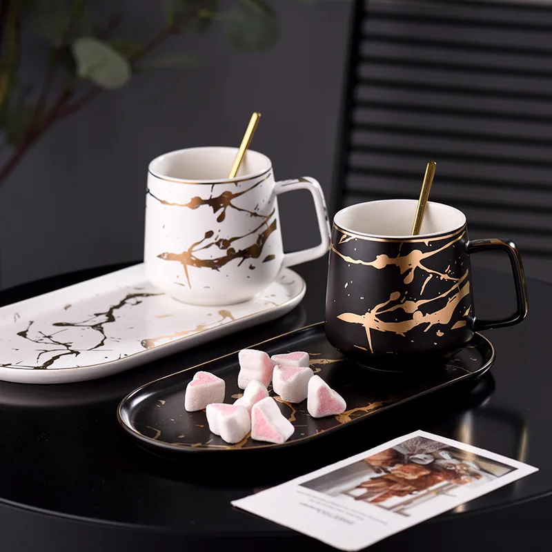 

Nordic marbled Ceramic Milk Mug coffee cup and creative saucer set Breakfast Plate Porcelain Marble and Saucer One Person Set