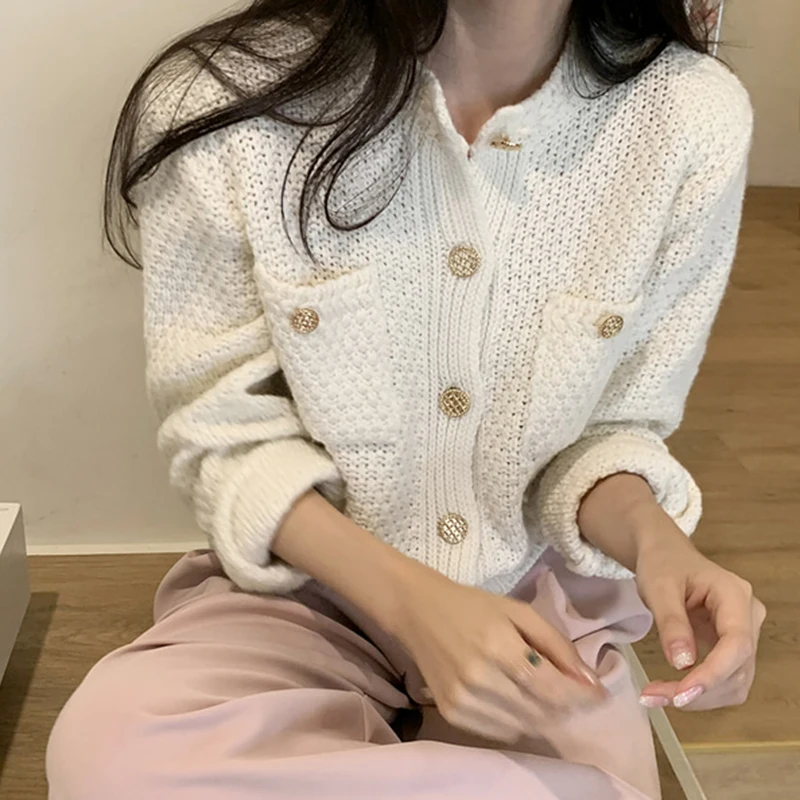 

ZAWAHIKI Women Sweaters Solid Autumn Winter 2021 Korean Chic Office Ladies Retro Cardigans Single Breasted Fashion Chaquetas