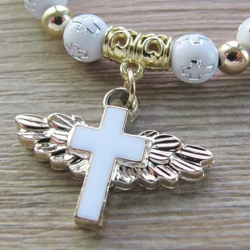 

Bronzing Acrylic Cross Bead Bracelet Oil Dripping Angel Cross Rosary Bracelet