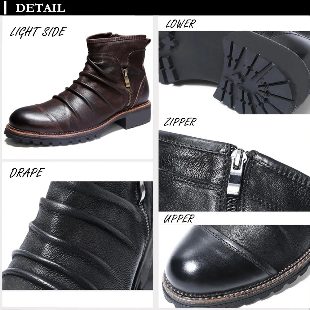 

New Winter Men Leather Boots Zipper Casual Ankle Boot Breathable Big Size 48 47 46 Male Motorcycle Boots Shoes Footwear