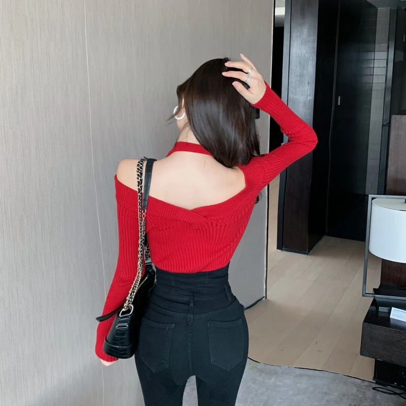 

Halter Knit Sweater High Collar Strapless On Both Sides knitwear Sweater Women's 2020 New Autumn/Winter Sexy Slim Women top 83G