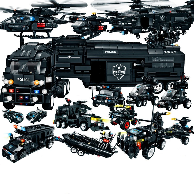 Compatible legoing SWAT special force city police helicopter truck car boat vehicles policeman figures building blocks toys | Игрушки и