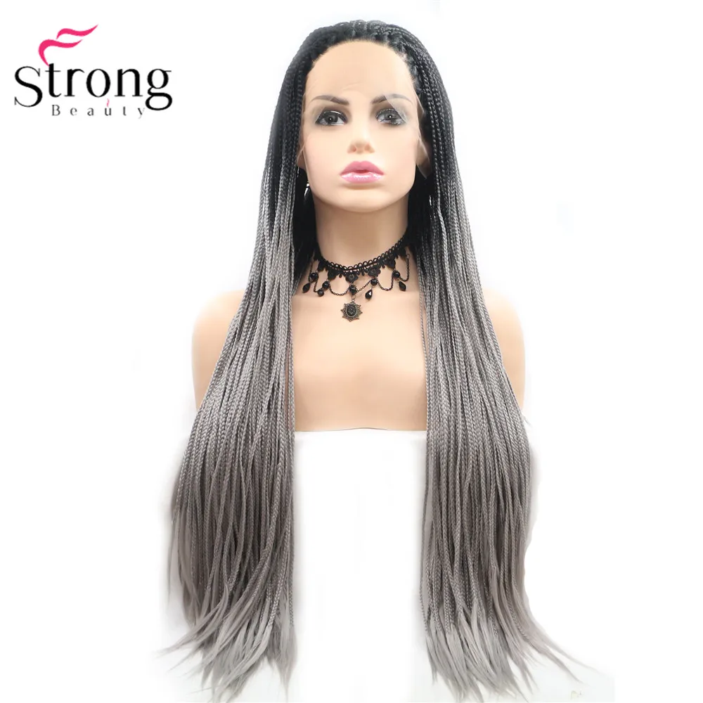 StrongBeauty коробка коса Кружева спереди длинный черный парик Омбре Синтетический Плетеный ящик косы парики для женщин
