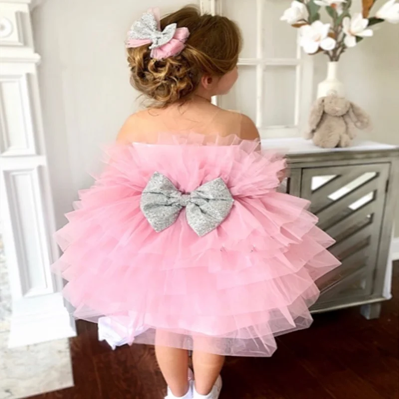

Cute Baby Girl Birthday Party Dress with Bow Sheer Neck Knee Length Princess Flower Girl Dress