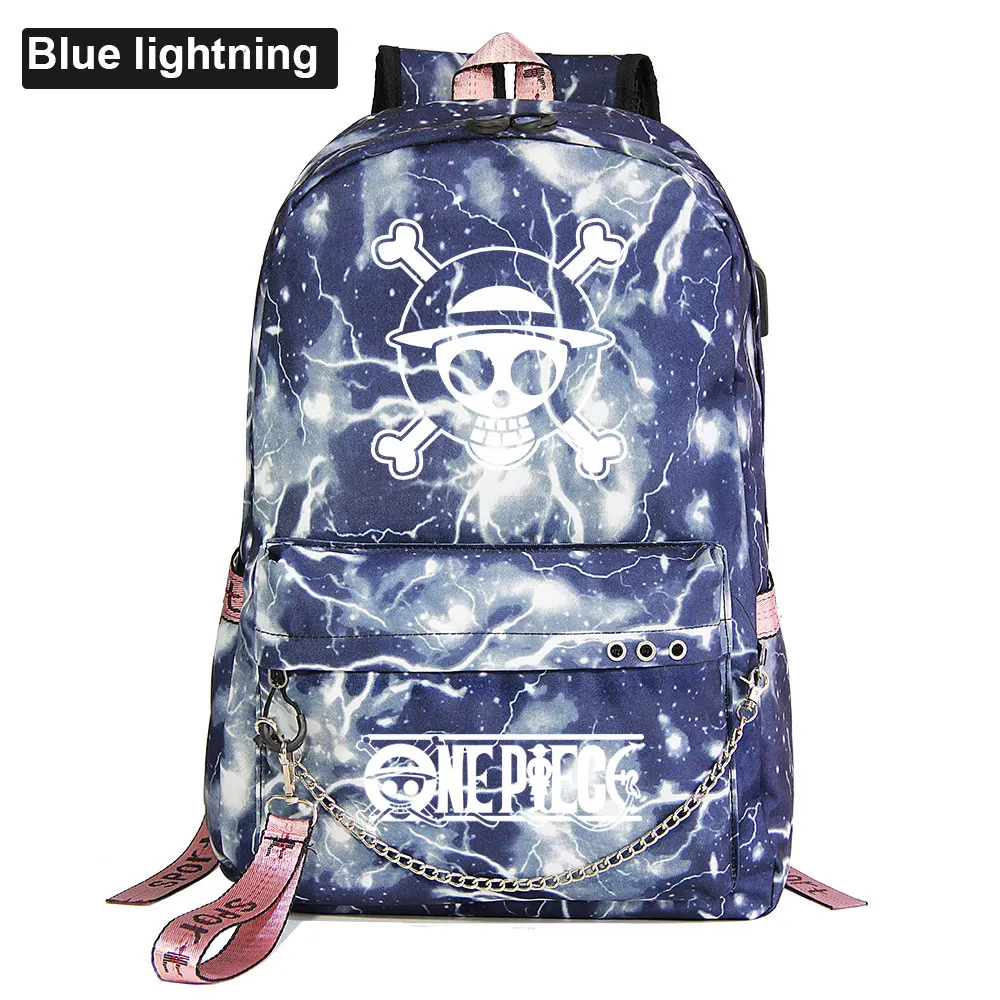 

New Cartoon One Piece Luffy Skull Prints Boys Girls Kids School bag Women USB Chain Backpack Canvas Men Bagpack Packsack Bookbag
