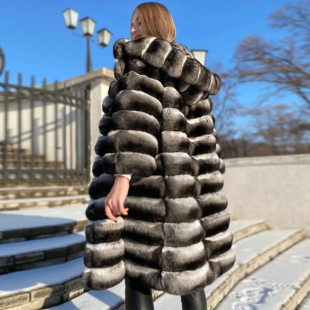 100cm Long Real Rex Rabbit Fur Coat Real Women Winter Fashion Whole Skin Genuine Rex Rabbit Fur Coats with Hood Luxury Overcoats enlarge