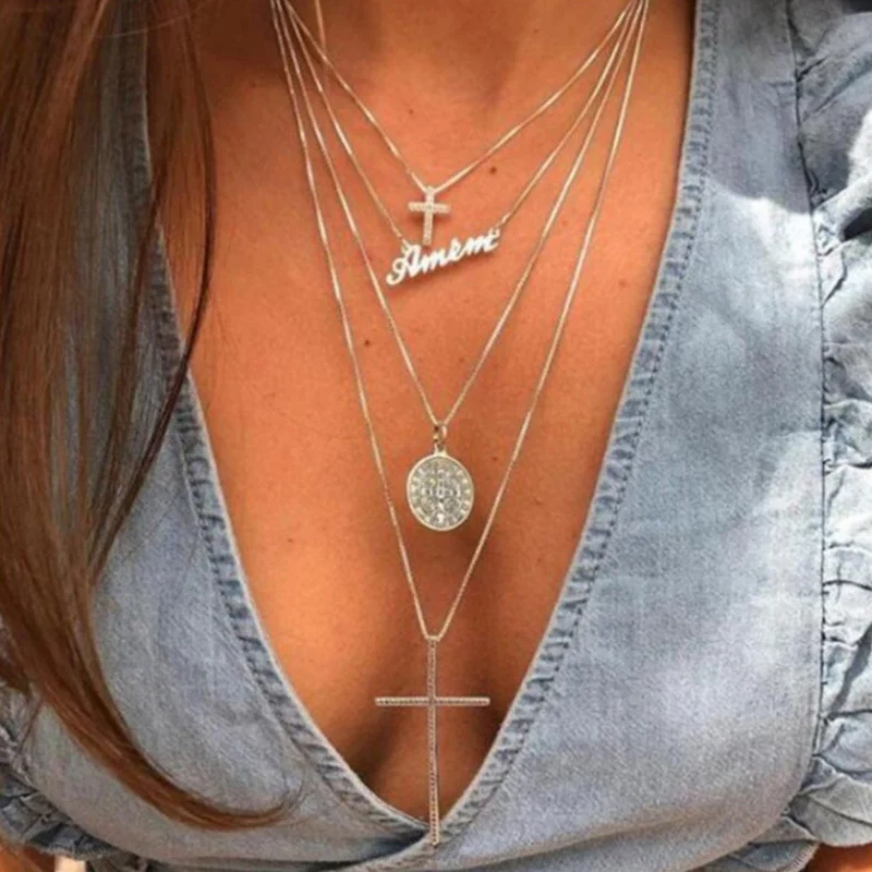 

New Multi Layer Carved Coin Letter Cross Pendant Choker Necklace for Women Gothic Chain Long Necklace Women Party Jewelry Gift