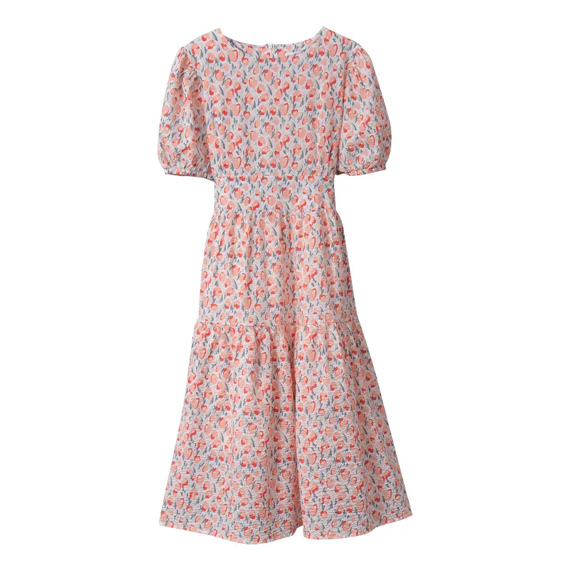 

TVVOVVIN French Sweet Puff Sleeve Dress For Women's 2021 Summer New O-neck Printed High Waist Slim A-line Dress 8G44