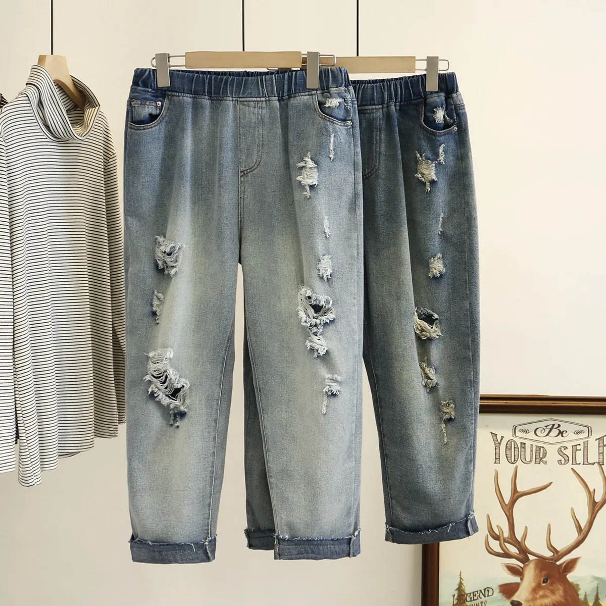 Женские весенние джинсы дамские шаровары женские рваные джинсовые брюки размера