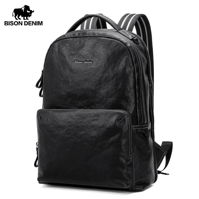 Bison Denim Genuine Leather Backpack 15 inches Laptop Bag Male High Capacity Travel Backpack Schoolbag For Teenager