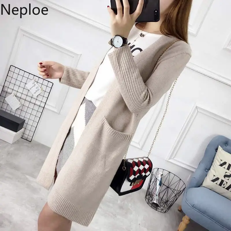 Neploe V Neck Long Knit Cardigans Femme Korean Loose Solid Sweater Women Autumn Winter New Sleeve Slim Pull 46320 |